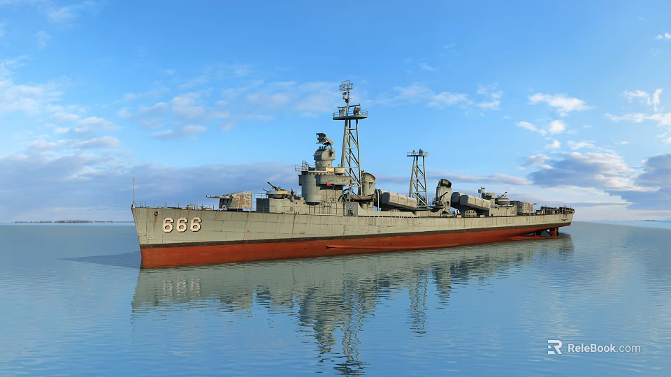 Warship 868 Gray Hull Red Bottom Floating On Calm Water Under Blue Sky With Clouds 3d model 