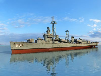 Warship 868 Gray Hull Red Bottom Floating On Calm Water Under Blue Sky With Clouds 3d model