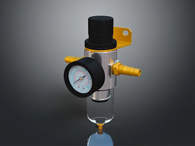 Air Pressure Regulator With Black Knob Yellow Fittings Pressure Gauge And Transparent Bowl 3d model