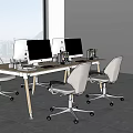 Modern Light Colored Office Desk With Computer Monitors Chairs And City View By Window