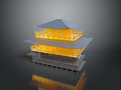 Traditional Two Story Building With Yellow Main Structure Gray Roof And Reflection 3d model