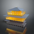 Traditional Two Story Building With Yellow Main Structure Gray Roof And Reflection