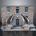 Stone Masonry Building Facade With Arched Staircase Classic Doors And Windows