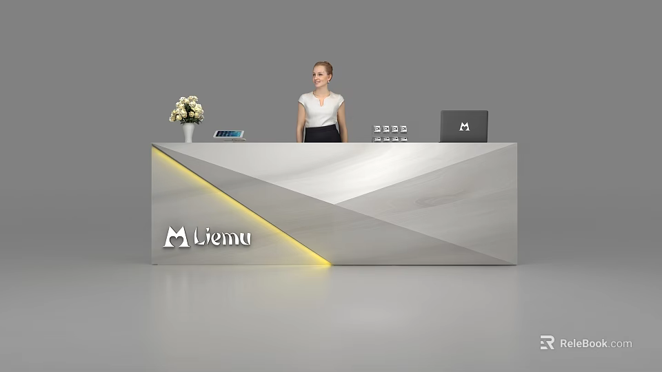 Modern Geometric Reception Desk with Lienu Logo Flower Vase Tablet and Laptop 3d model 