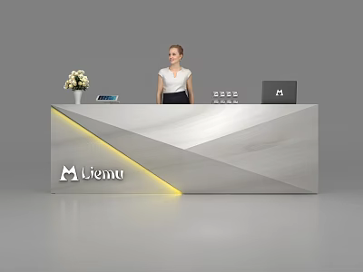 Modern Geometric Reception Desk with Lienu Logo Flower Vase Tablet and Laptop 3d model
