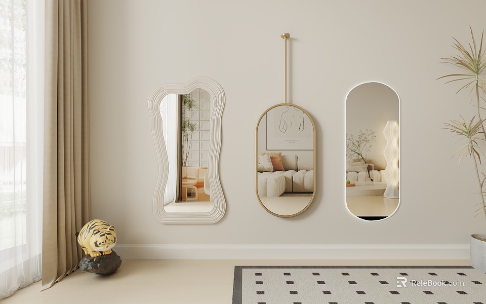 Stylish Three Decorative Mirrors With Various Shapes Hanging On Wall Reflecting Room Interior 3d model 