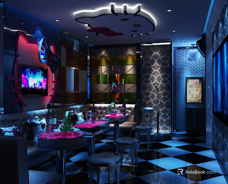 Hello Kitty Themed KTV Interior With Neon Lights Black White Checkered Floor And TV Screen 3d model 