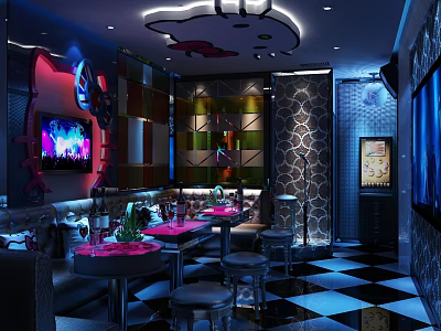 Hello Kitty Themed KTV Interior With Neon Lights Black White Checkered Floor And TV Screen 3d model