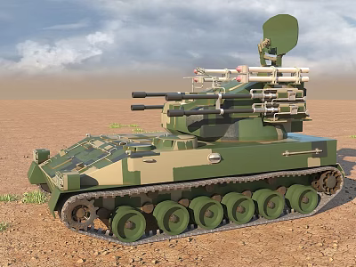 Military Camouflage Tank With Radar Missile Launchers And Dual Cannons In Desert Terrain 3d model