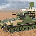Military Camouflage Tank With Radar Missile Launchers And Dual Cannons In Desert Terrain