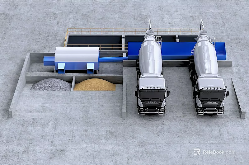 Industrial Equipment Setup For Concrete Production With Cement Mixer Trucks And Storage Bins 3d model 