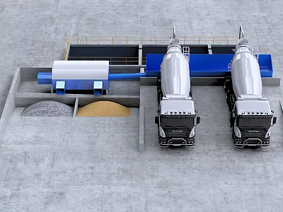 Industrial Equipment Setup For Concrete Production With Cement Mixer Trucks And Storage Bins 3d model