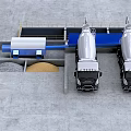 Industrial Equipment Setup For Concrete Production With Cement Mixer Trucks And Storage Bins