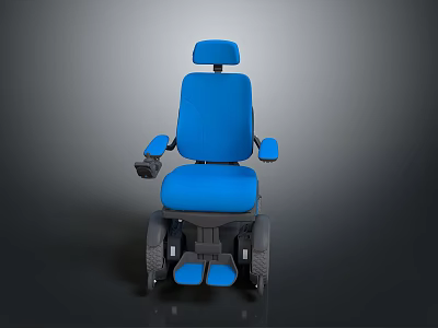 Blue Electric Wheelchair With Backrest Armrests Control Panel Wheels And Footrests On Gray Background 3d model