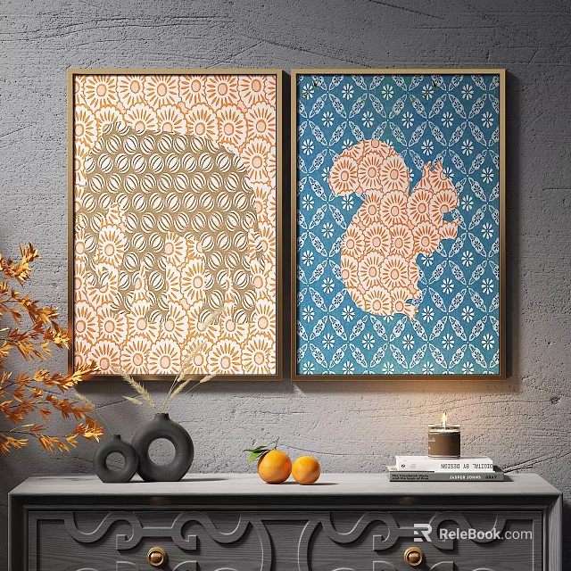 Gold Framed Abstract Paintings Featuring Orange Blue Elephant Squirrel Geometric Patterns 3d model