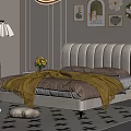 Cozy Bedroom Interior With Tufted Bed Striped Bedding Star Pattern Rug And Wall Art