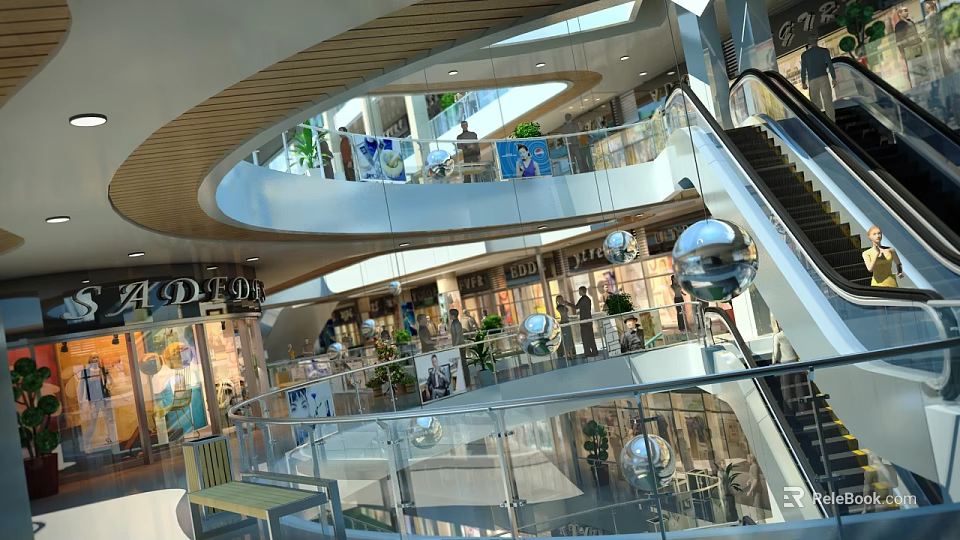 Spacious Mall Atrium With Escalators Retail Stores And Decorative Spheres 3d model