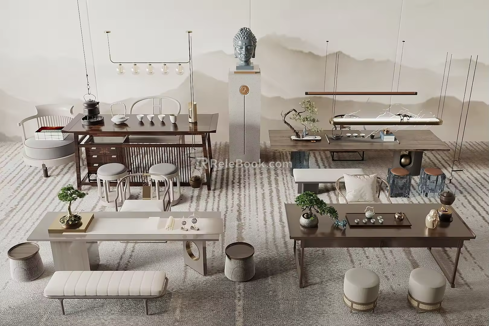 New Chinese Style Tea Table and Chair Combination Tea Set Ornaments Buddha's Head Ornaments Tea Table Sitting Stool 3d model