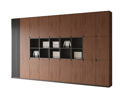 Modern Dark Brown Wooden Bookcase With Open Closed Compartments And Books 3d model