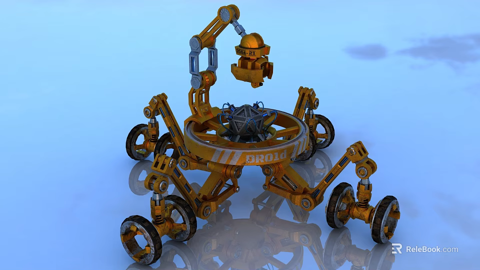 Yellow PROBE Robot With Mechanical Arm And Multiple Wheels For Space Exploration 3d model 