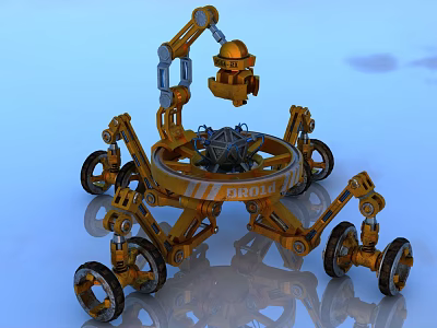 Yellow PROBE Robot With Mechanical Arm And Multiple Wheels For Space Exploration 3d model