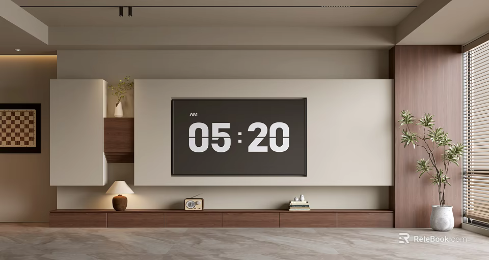 Modern TV Wall Design With Digital Display Wooden Cabinets Decorative Lamp And Potted Plant 3d model 