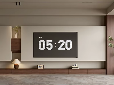 Modern TV Wall Design With Digital Display Wooden Cabinets Decorative Lamp And Potted Plant 3d model