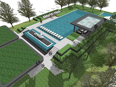 Modern Outdoor Pool Area Design With Lounge Chairs Shaded Pavilion And Surrounding Greenery 3d model