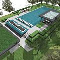 Modern Outdoor Pool Area Design With Lounge Chairs Shaded Pavilion And Surrounding Greenery
