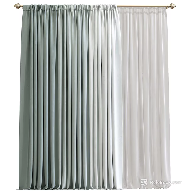 Light Green And White Pleated Curtains With Satin Texture For Modern Home Decor 3d model 