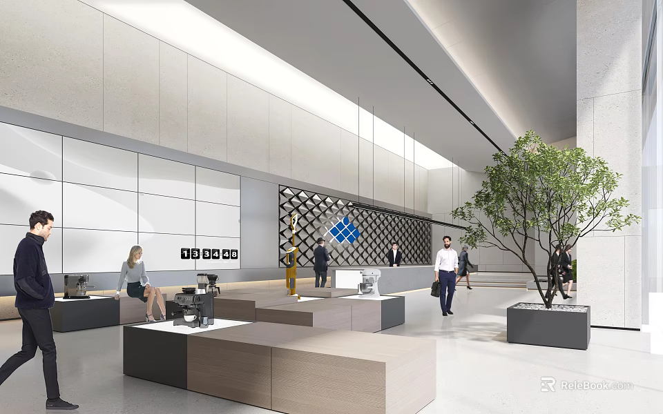 Modern Lobby Interior Design With Reception Desk People Green Plant And Logo 3d model 
