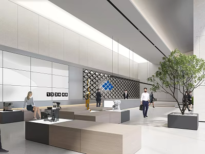 Modern Lobby Interior Design With Reception Desk People Green Plant And Logo 3d model