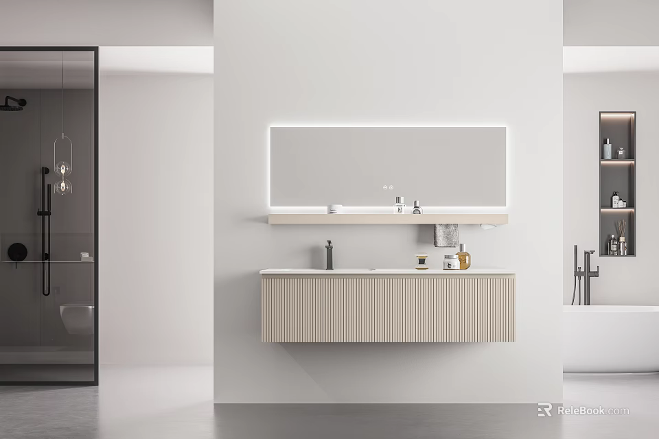 Modern Wall Mounted Bathroom Vanity Cabinet With LED Mirror And Wooden Texture 3d model 