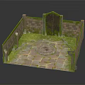Cartoon Scene Featuring Square Courtyard Brick Walls Stone Pavement Circular Mossy Center and Arched Gate
