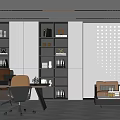 Modern Office Interior With Open Bookshelves Sofa Desk Chairs Plants And Lighting