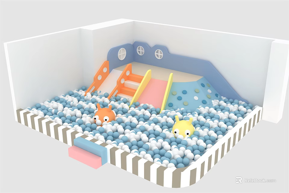 Fun Play Equipment Ball Pit with Blue White Balls Cartoon Animal Toys Slide and Ladder 3d model 