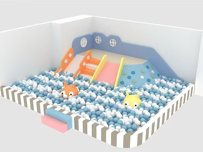 Fun Play Equipment Ball Pit with Blue White Balls Cartoon Animal Toys Slide and Ladder 3d model
