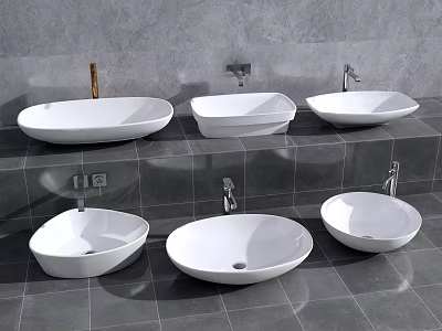 Modern White Ceramic Washbasins With Chrome Faucets On Gray Tiled Walls And Countertops 3d model
