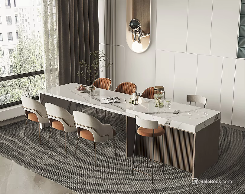 Modern Dining Table Set With White Marble Top And Beige Dining Chairs In Interior Space 3d model
