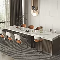 Modern Dining Table Set With White Marble Top And Beige Dining Chairs In Interior Space 3d model