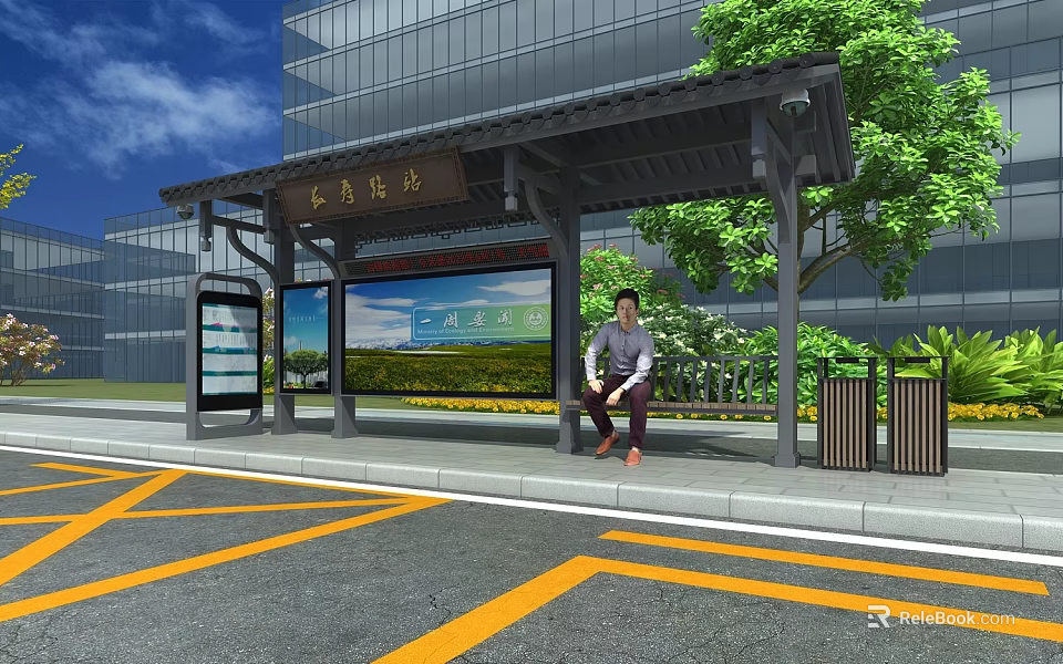 Modern Bus Station Shelter with Billboards Bench Person Sitting Green Trees and Trash Bins 3d model 