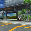 Modern Bus Station Shelter with Billboards Bench Person Sitting Green Trees and Trash Bins