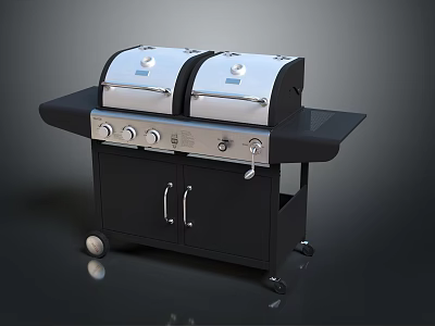 Outdoor Grill With Double Burners Black Wheeled Cart And Silver Control Panel 3d model