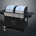 Outdoor Grill With Double Burners Black Wheeled Cart And Silver Control Panel