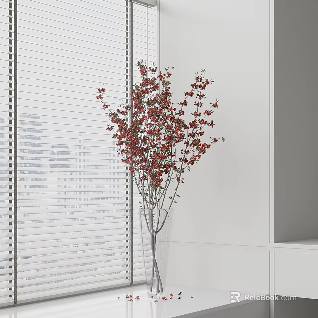 Elegant Vase With Red Blossom Branches In Modern Interior By White Blinds And City View 3d model 