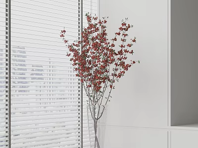 Elegant Vase With Red Blossom Branches In Modern Interior By White Blinds And City View 3d model