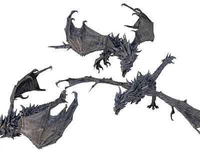 Flying Mythical Dragons with Sharp Scales and Extended Wings in Fantasy Design 3d model
