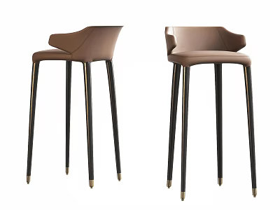 Modern Brown Leather Bar Stools With Black Tall Legs And Gold Accents 3d model
