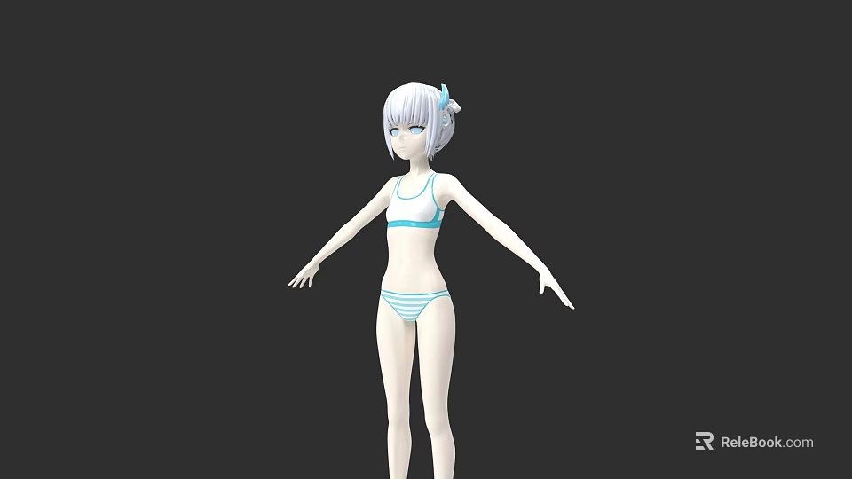 Anime Style Woman With White Hair In Blue Bikini Arms Outstretched Against Black Background 3d model 