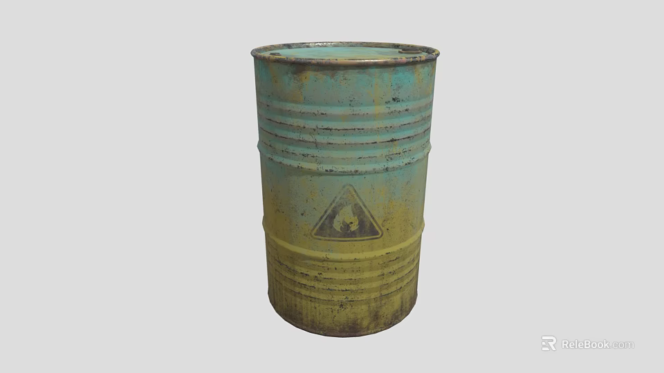 Industrial Equipment Green And Yellow Rusted Metal Drum With Warning Sign 3d model 
